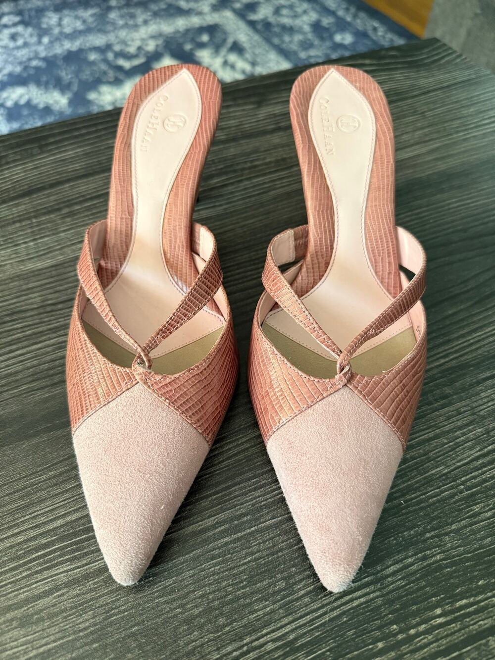 Cole Haan Pink Suede & Faux Lizard Embossed Pointed Toe Mule Heels Sz. 7